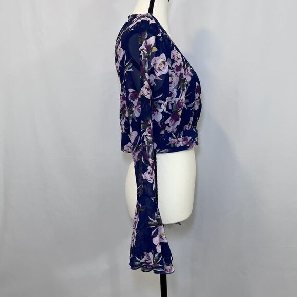 Essue crop top sheer flounce sleeve dark blue pink purple womens M - Picture 8 of 16